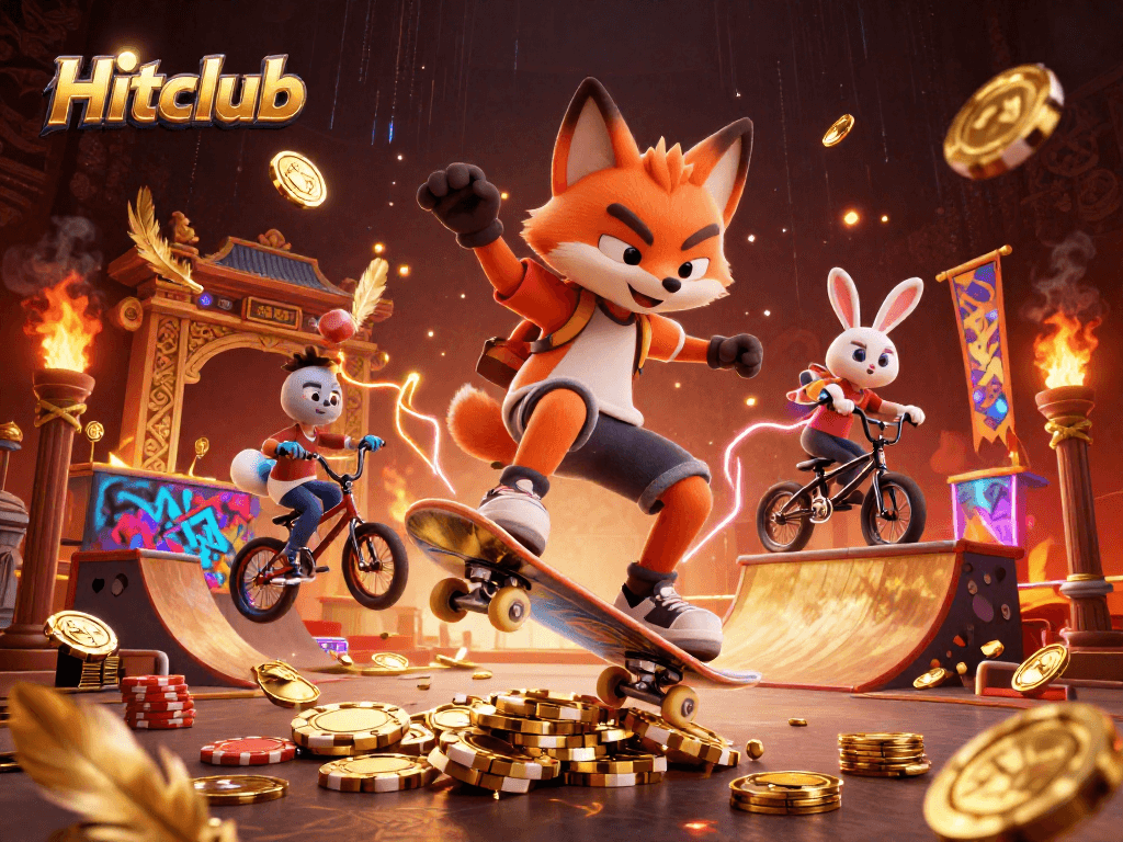 Hitclub showcases a thrilling scene of a skateboarder fox and BMX rabbit in dynamic casino-themed action.