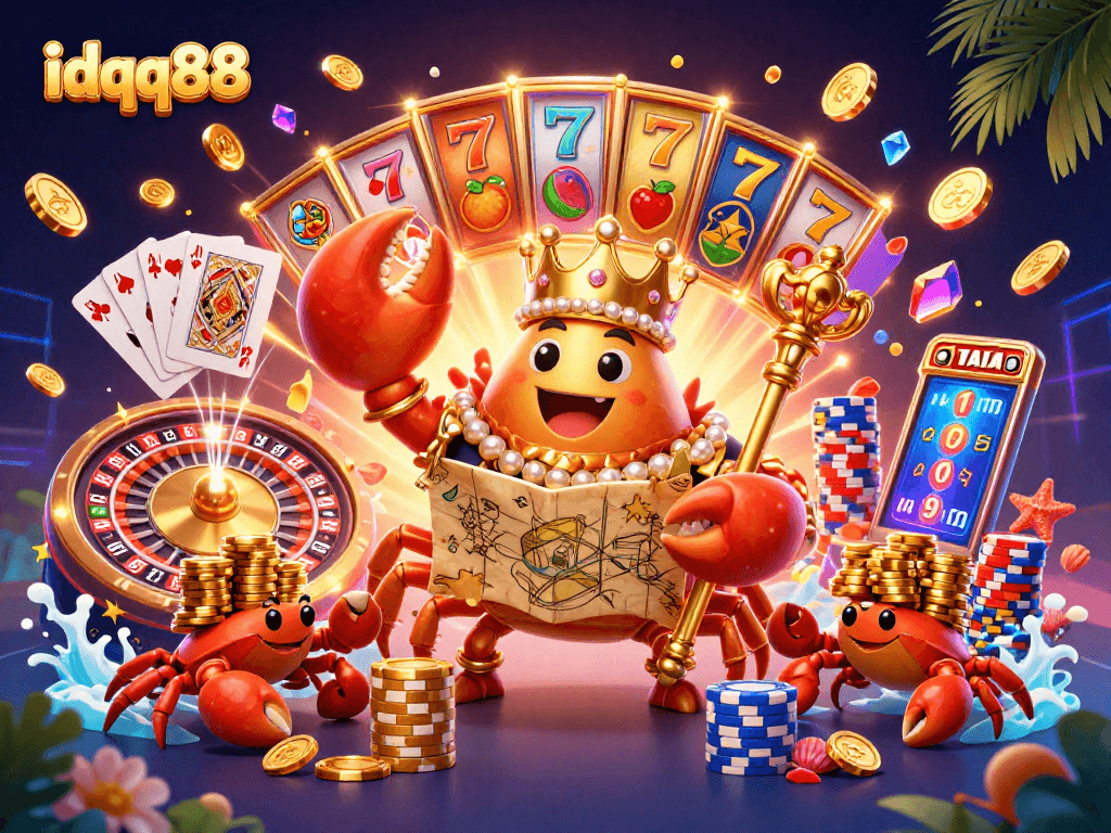 Spin to win with idqq88's lively 3D slots scene featuring a golden crab emperor and vibrant elements.