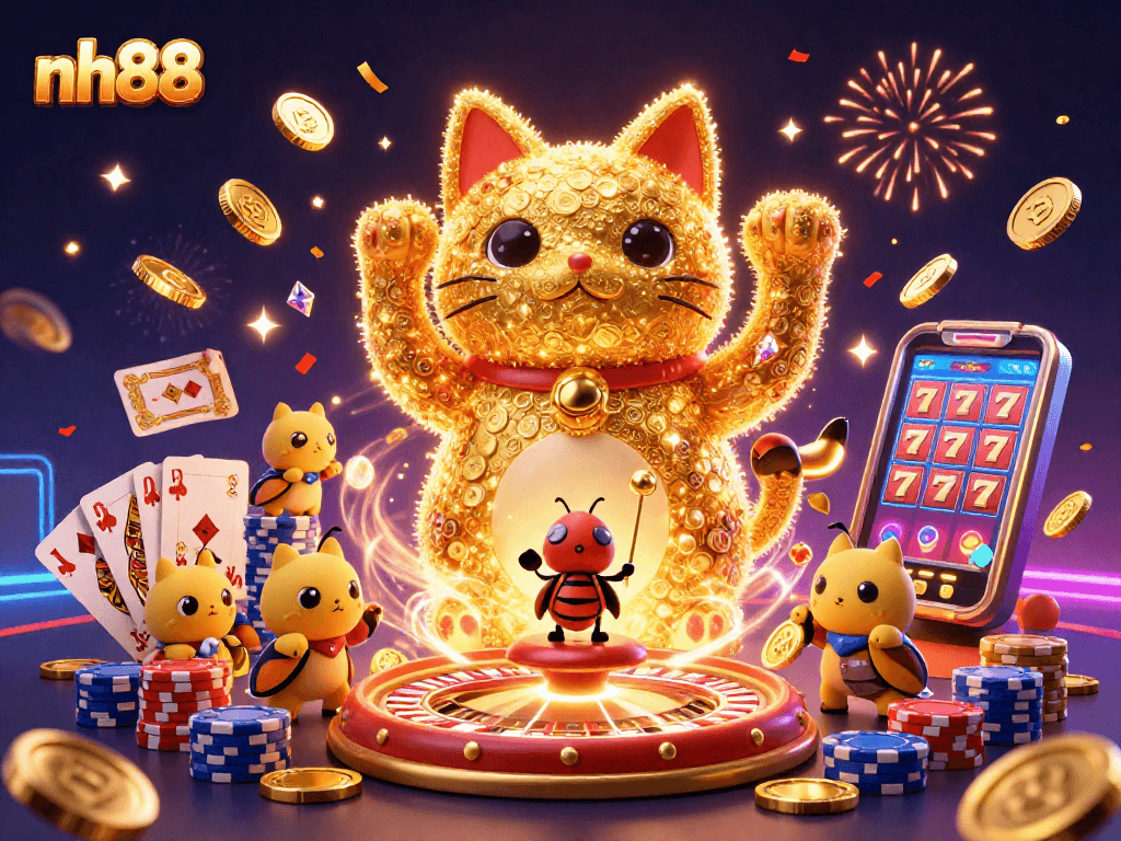 Experience the thrill of nh88 with a vibrant lucky cat and dazzling casino elements!