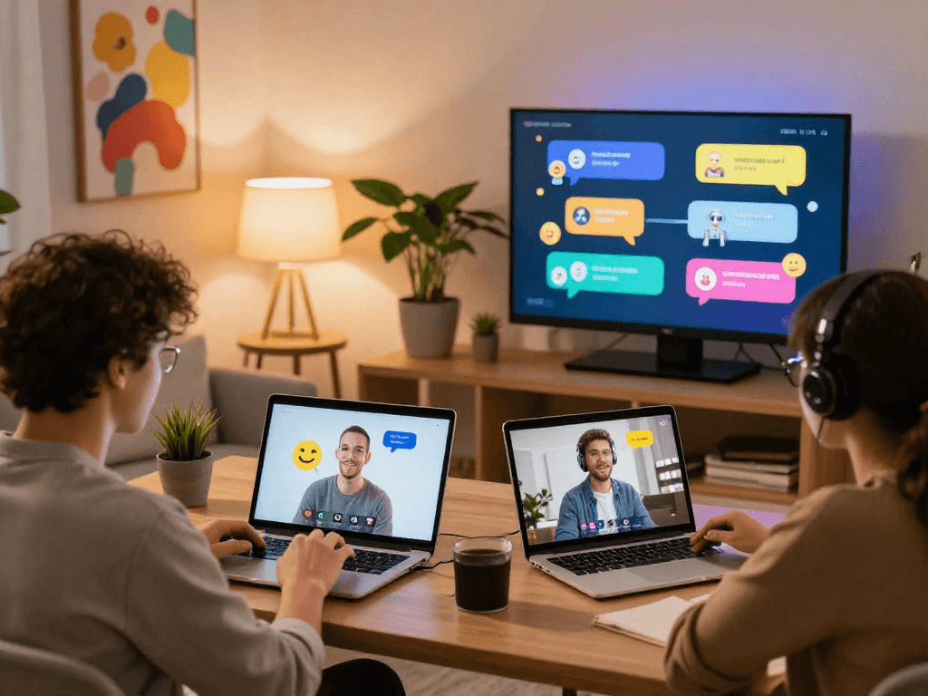 Users engaged in nsfw chat in a cozy digital environment with vibrant chat bubbles and devices.