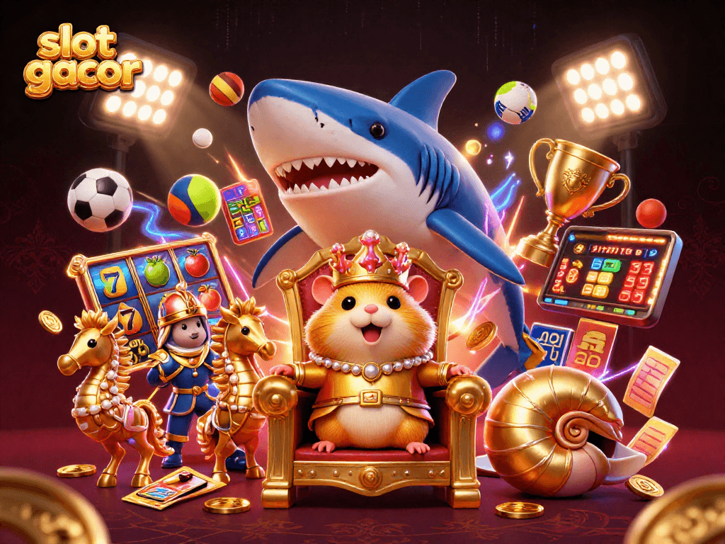 Experience slot gacor as a golden hamster king reigns amid colorful game elements in this vibrant scene.