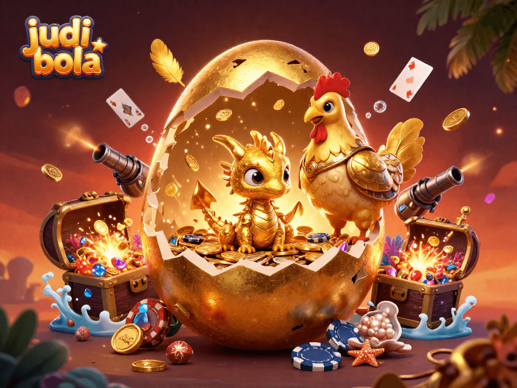 Experience thrilling judi bola action with a golden dragon guarding poker chips amidst treasure.