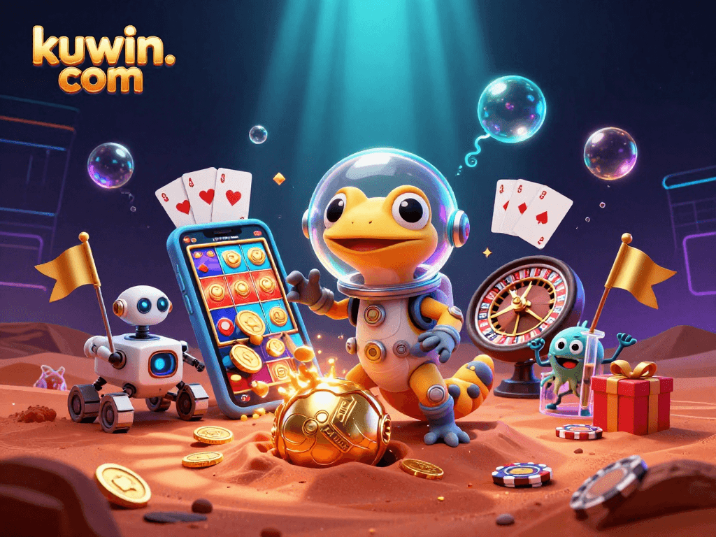 Experience thrilling gaming at kuwin. com with a Martian gecko discovering an amazing casino adventure.