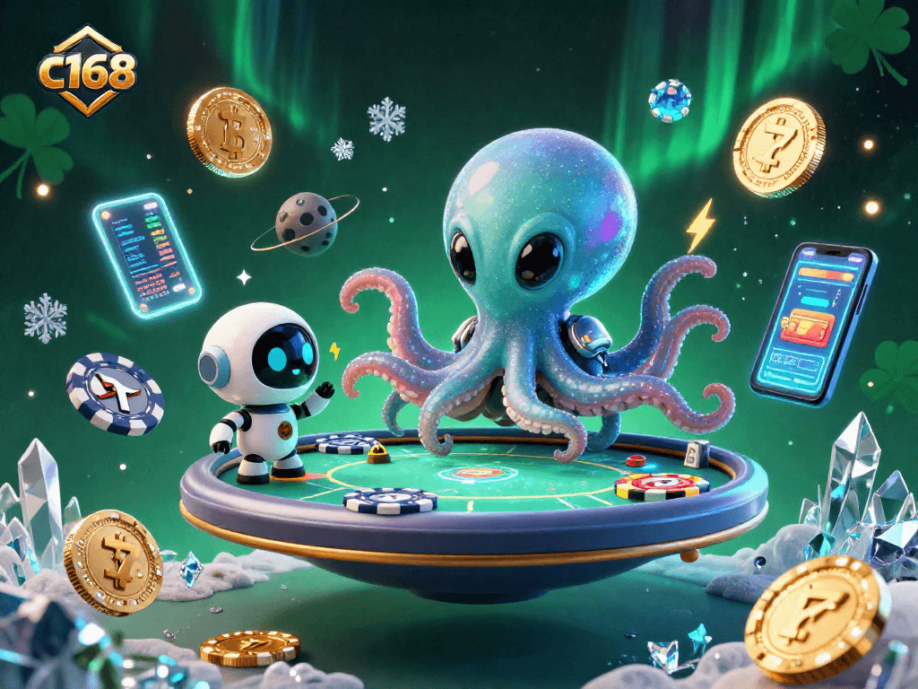 Experience thrilling poker action with c168's alien octopus at a holographic table.