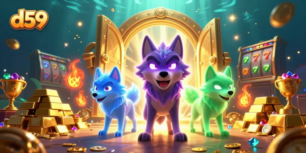 Spin the slots with d59, where glowing wolf leaders unleash treasure amidst vibrant casino action.
