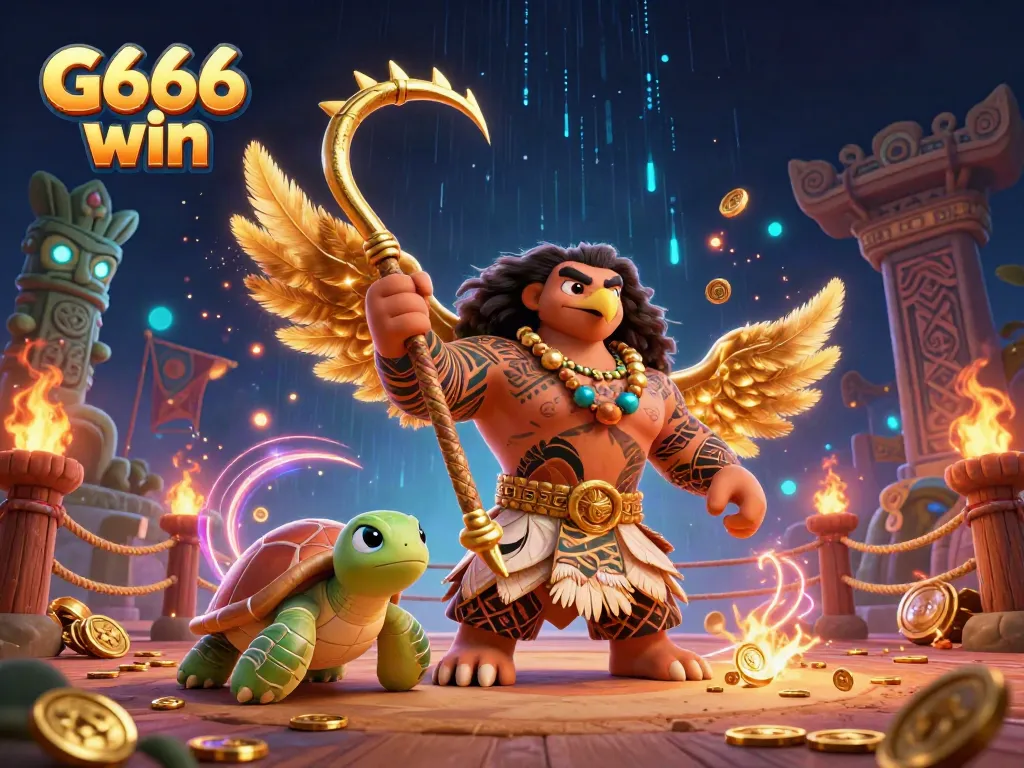 Engage with the thrilling experience of G666 win in this vibrant casino illustration featuring a demigod and a turtle.