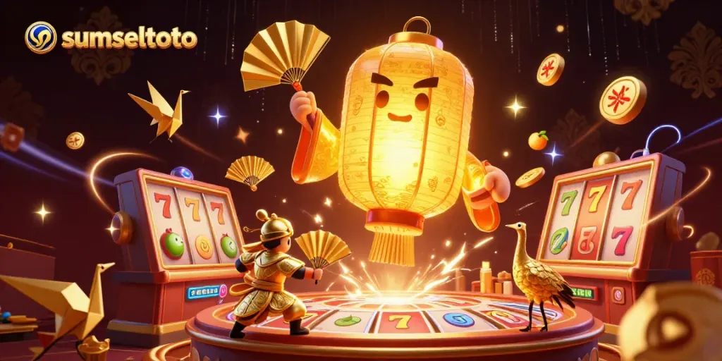 Sumseltoto immerses players in a vibrant casino scene with golden lanterns and slot machines.