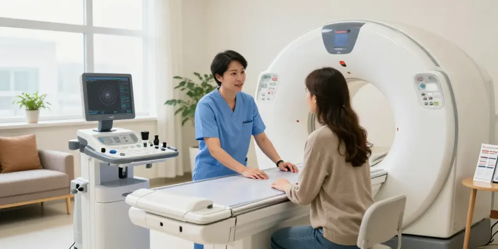 Im Diagnostikzentrum Wolfsburg, ein Arzt erklärt dem Patienten die erforderlichen Unterlagen, die Wolfsburg mitbringen sollten.