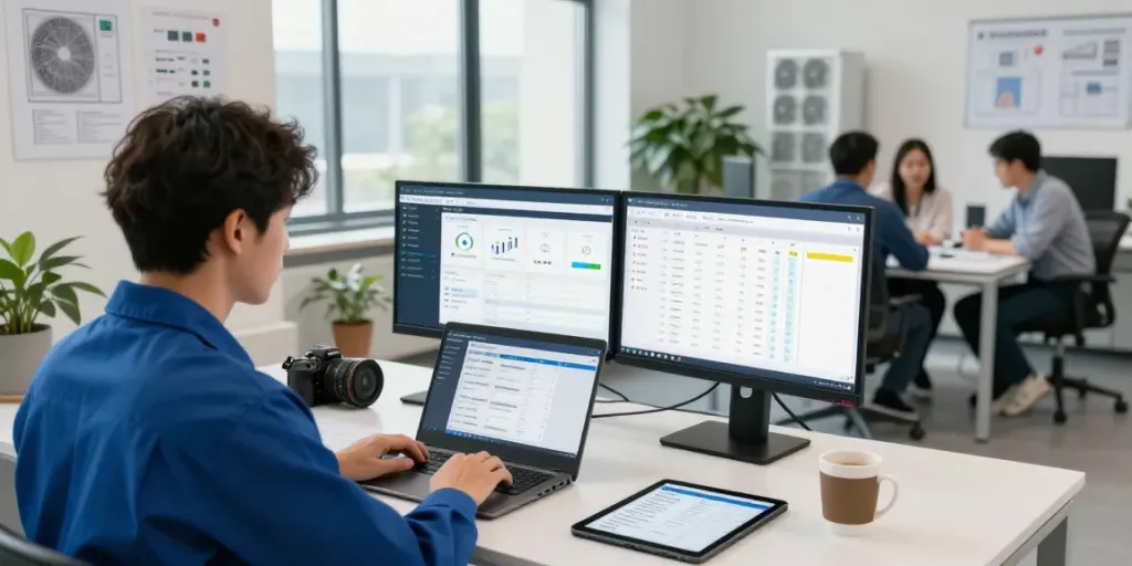 Technician utilizing HVAC software in an office setting, enhancing operational efficiency and job scheduling.