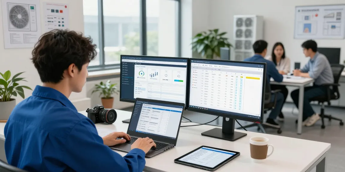 Technician utilizing HVAC software in an office setting, enhancing operational efficiency and job scheduling.