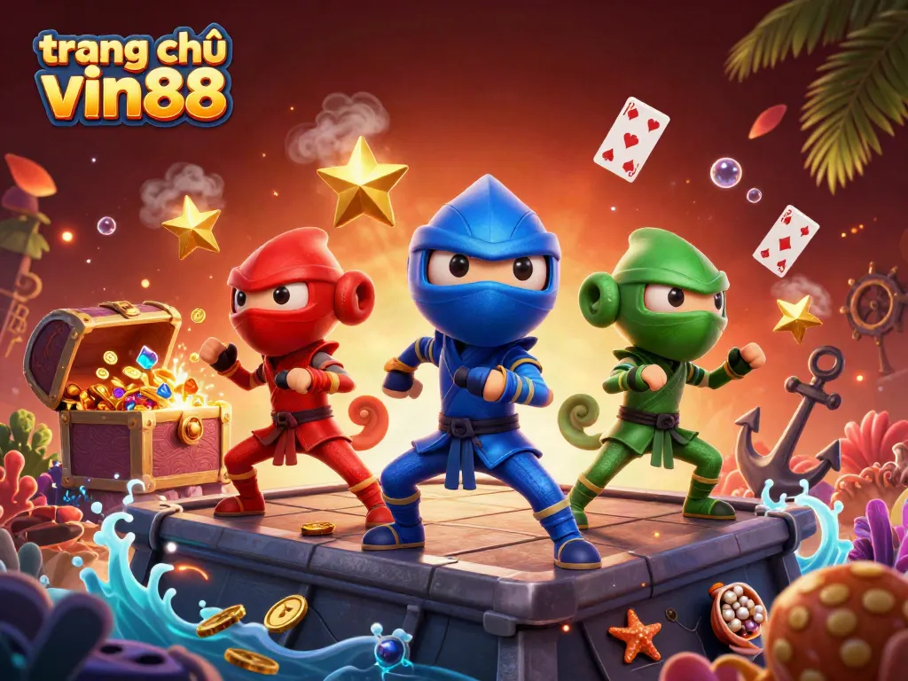 Experience the excitement of trang chủ vin88 with vibrant 3D ninja chameleons and explosive gaming elements.