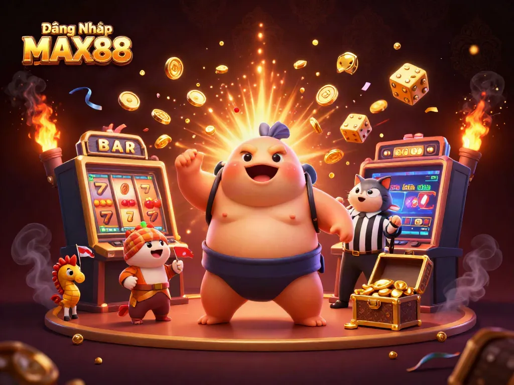 Experience the excitement of Đăng Nhập MAX88 with a vibrant 3D illustration featuring a fugu in a sumo outfit and a jackpot explosion.