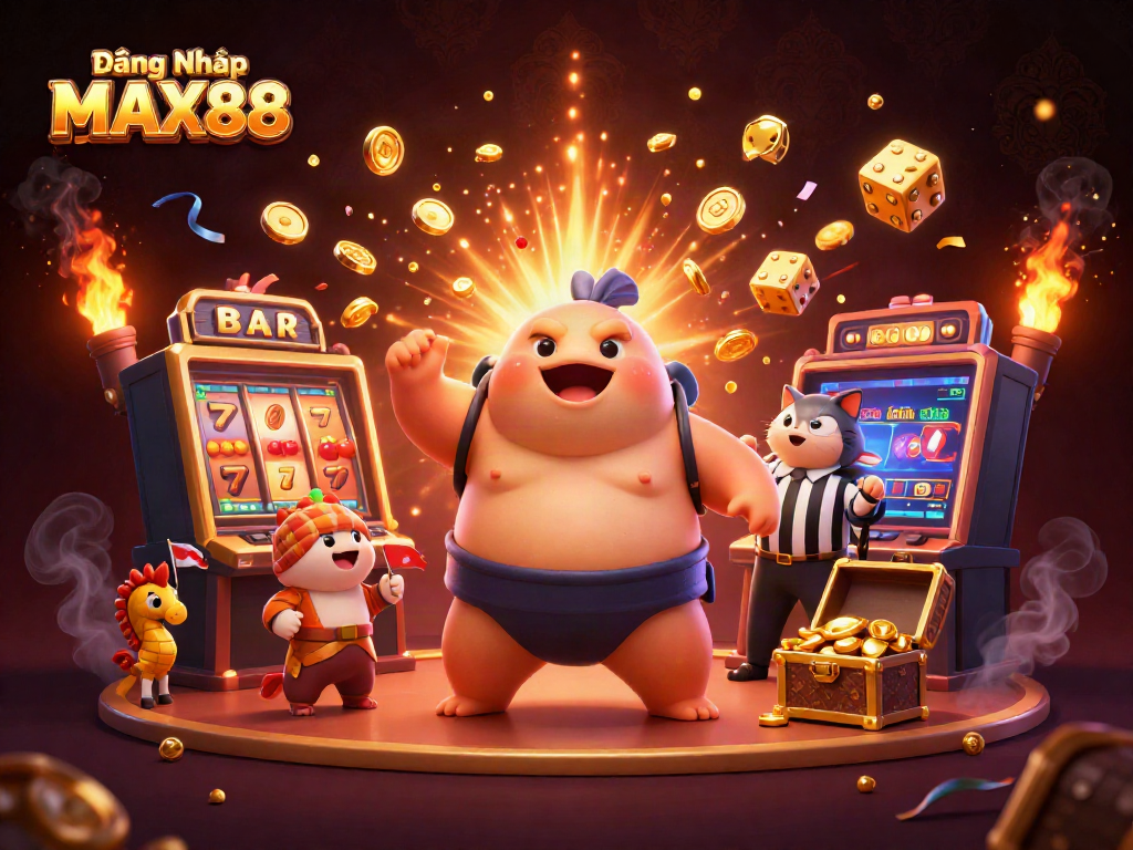Experience the excitement of Đăng Nhập MAX88 with a vibrant 3D illustration featuring a fugu in a sumo outfit and a jackpot explosion.