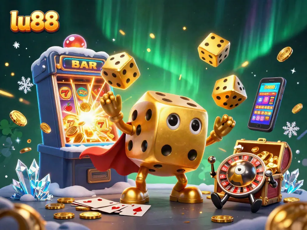 Engage with lu88's vibrant casino world through this dynamic 3D illustration featuring golden dice and slot machines.
