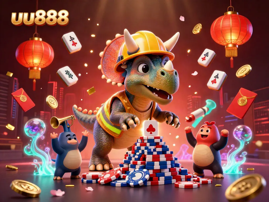 Experience the excitement of uu888 with a vibrant 3D illustration featuring a triceratops and festive symbols.