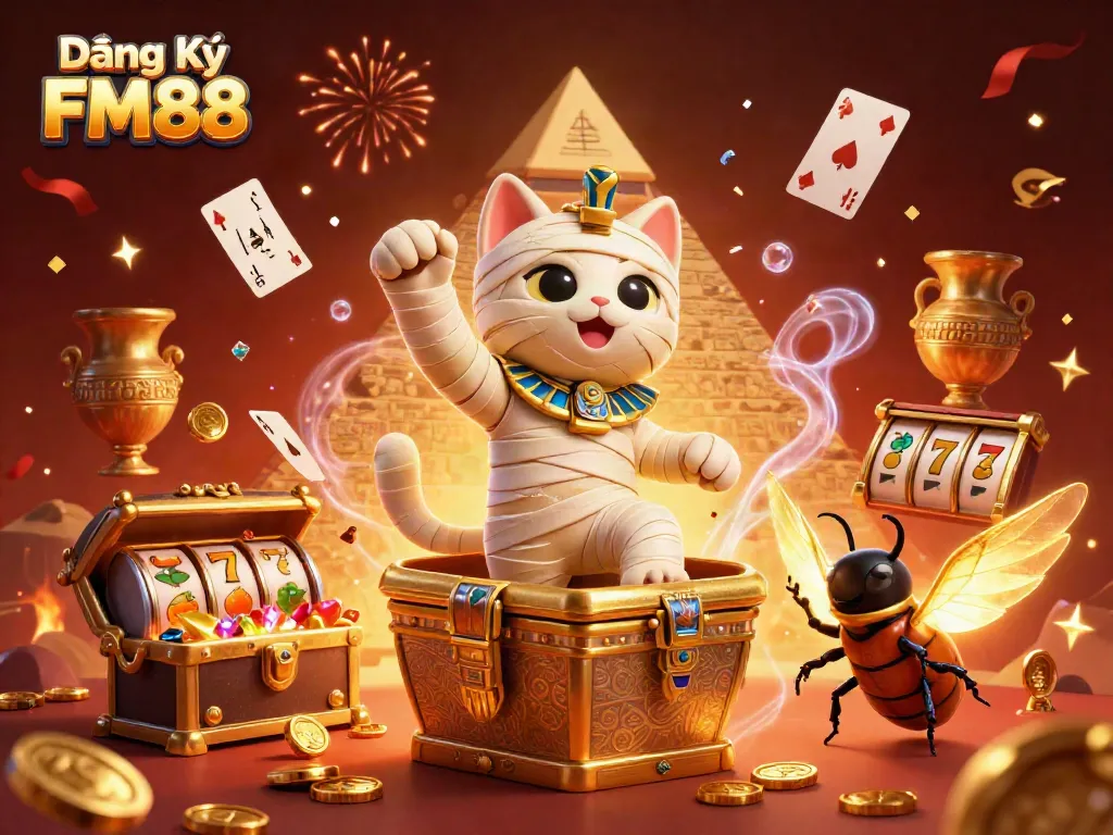 Experience the thrill of Đăng Ký FM88 in this vibrant casino illustration featuring a mummy cat and slot reels.
