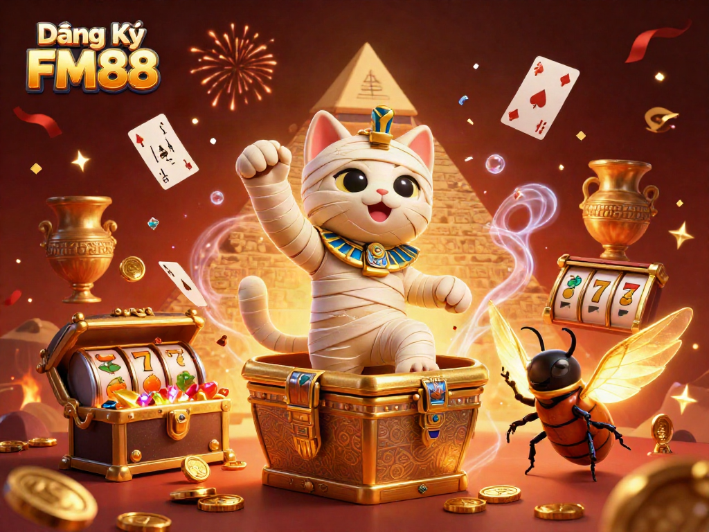 Experience the thrill of Đăng Ký FM88 in this vibrant casino illustration featuring a mummy cat and slot reels.