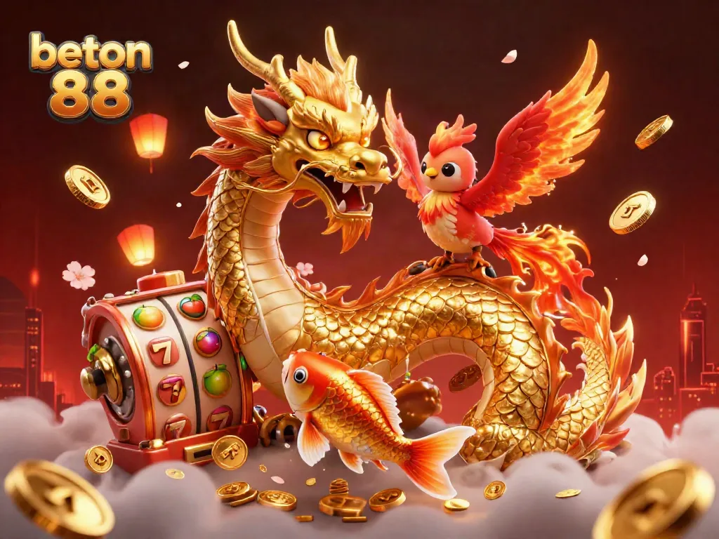 Mainkan slot yang menguntungkan di beton 88 dengan ilustrasi naga dan koi yang beruntung.