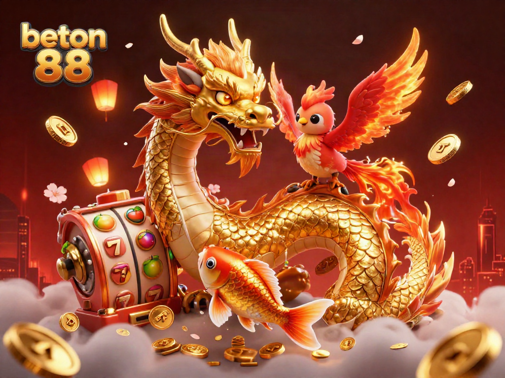 Mainkan slot yang menguntungkan di beton 88 dengan ilustrasi naga dan koi yang beruntung.