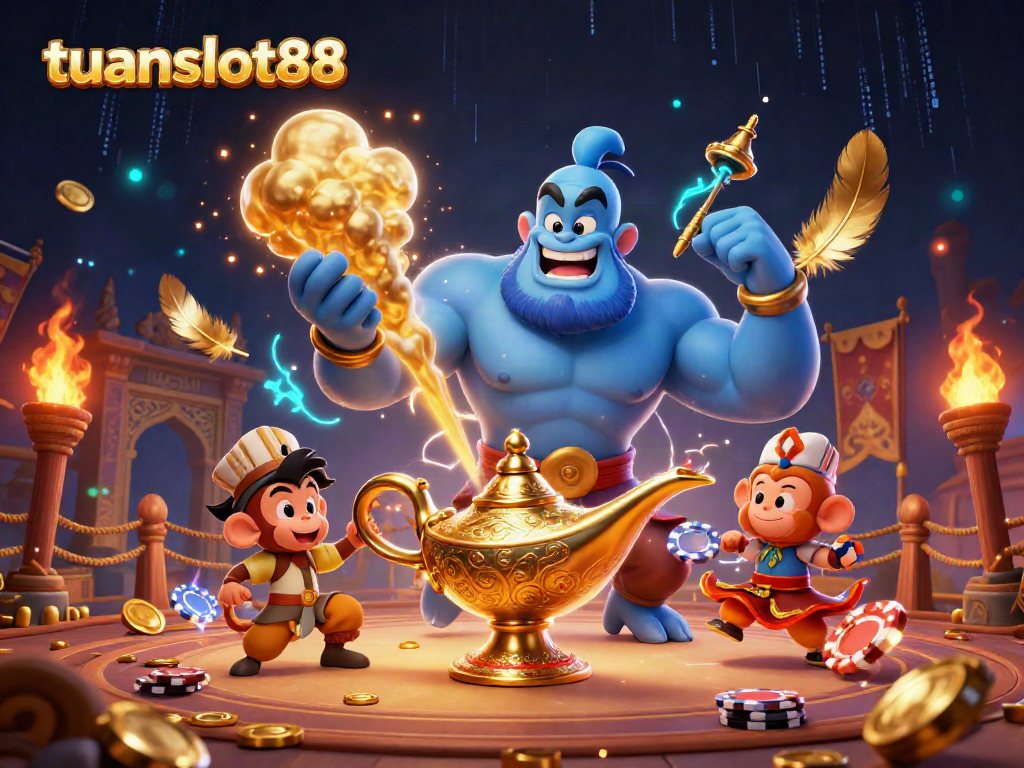 Genggam kekayaan dengan tuanslot88: genie biru dan koin emas dalam ilustrasi 3D.