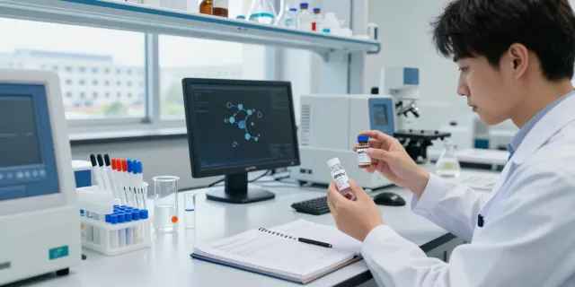 MOTS-c for sale: Researcher analyzing high-quality peptides in a well-lit laboratory.