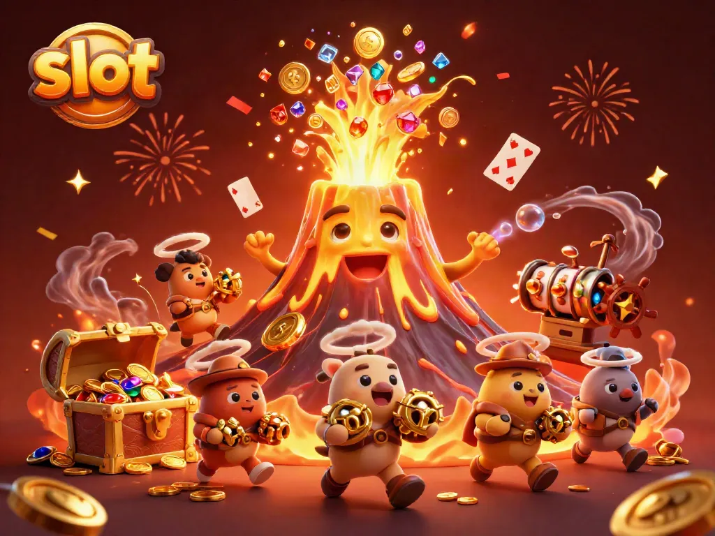 Experience the thrill of slot games with a triumphant volcano pouring coins and treasures in a vibrant scene.