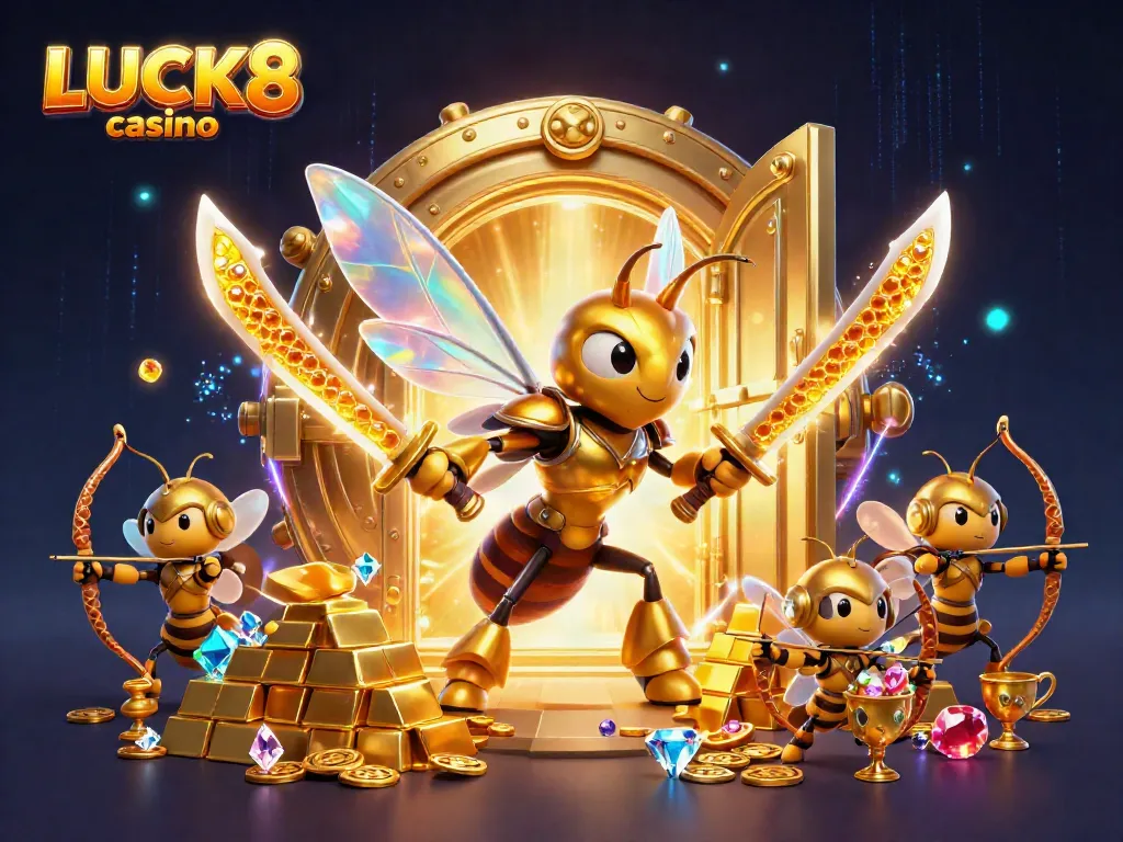 Experience the excitement of LUCK8 casino with dynamic gaming elements, treasure, and vibrant visuals.