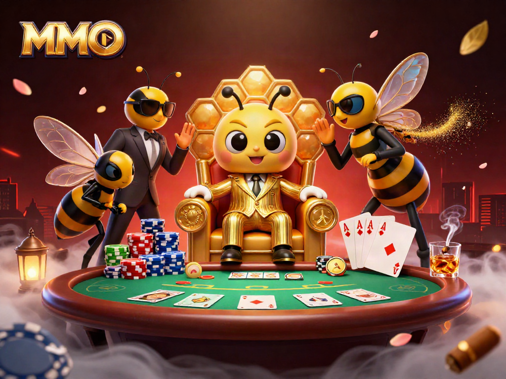 MMOO gaming scene depicting a bumblebee mob boss and poker elements in an energetic casino atmosphere.