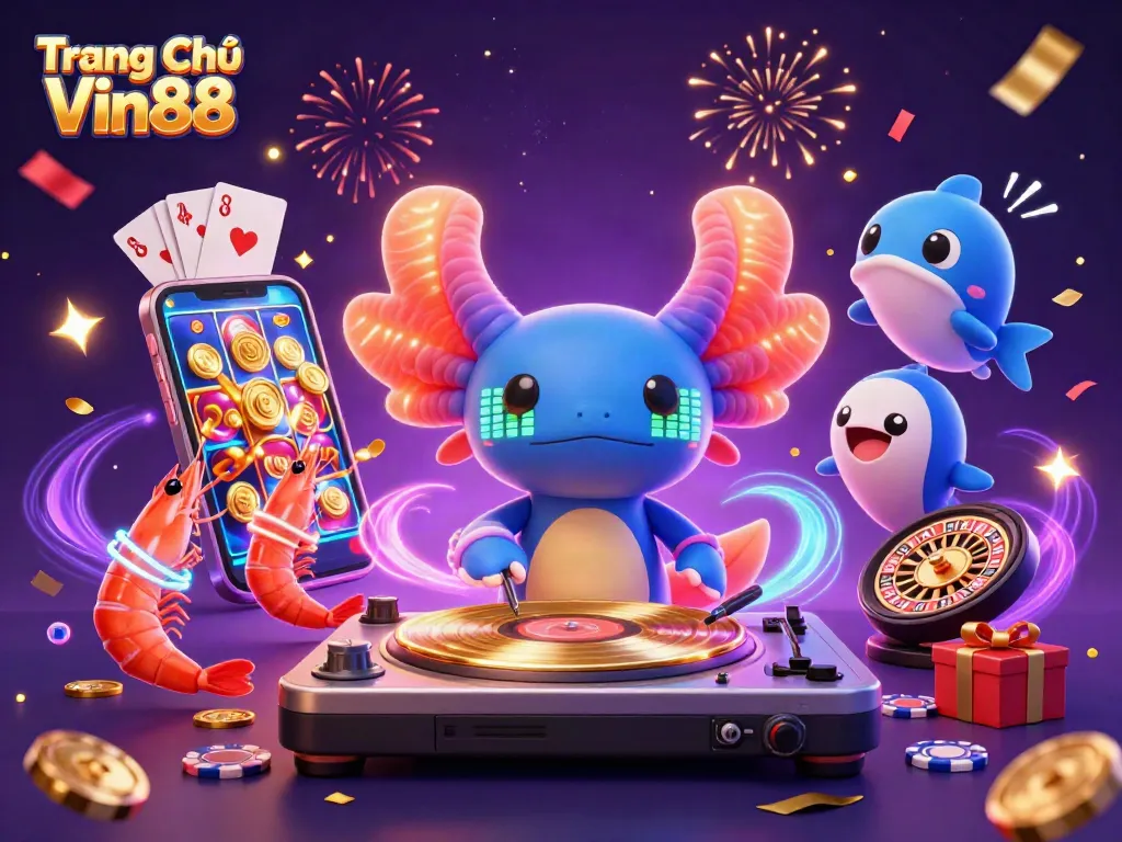 Experience excitement at Trang Chủ Vin88 with dynamic 3D characters and vibrant casino elements.