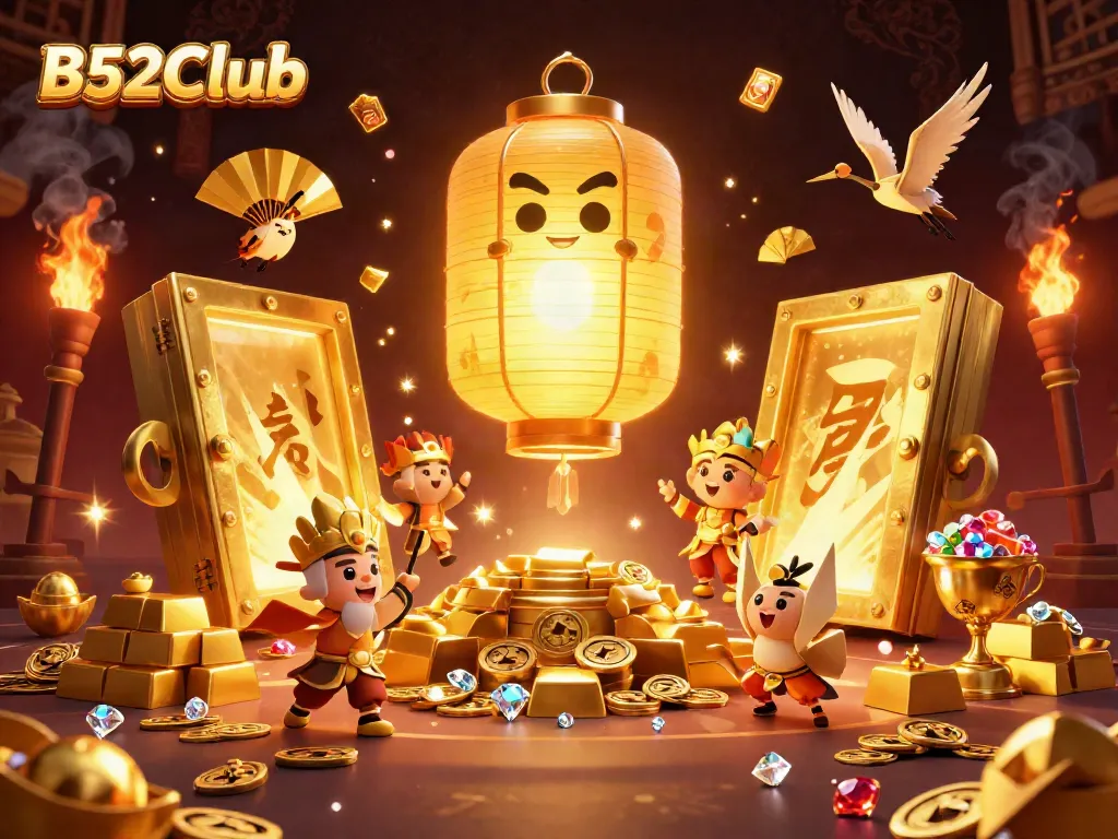 Experience the thrill of winning at B52Club, surrounded by treasures and lucky symbols in a vibrant casino scene.