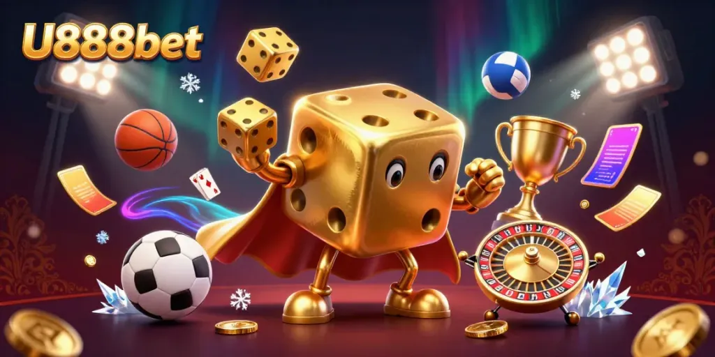 Experience the excitement of U888bet with a vibrant casino-themed 3D scene featuring dynamic game elements and characters.