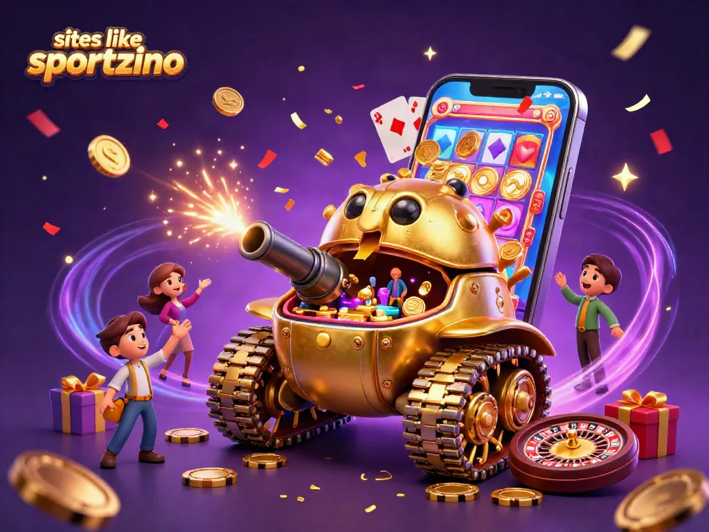 Play exciting games like Sportzino with a golden casino beetle tank surrounded by vibrant slot game elements.