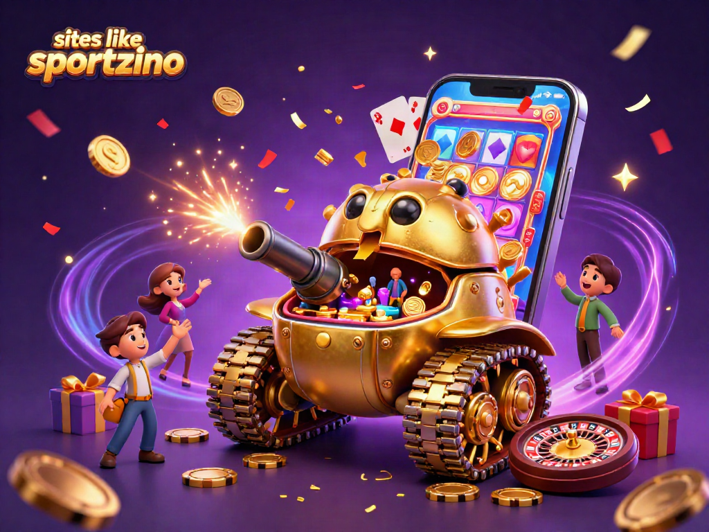 Play exciting games like Sportzino with a golden casino beetle tank surrounded by vibrant slot game elements.