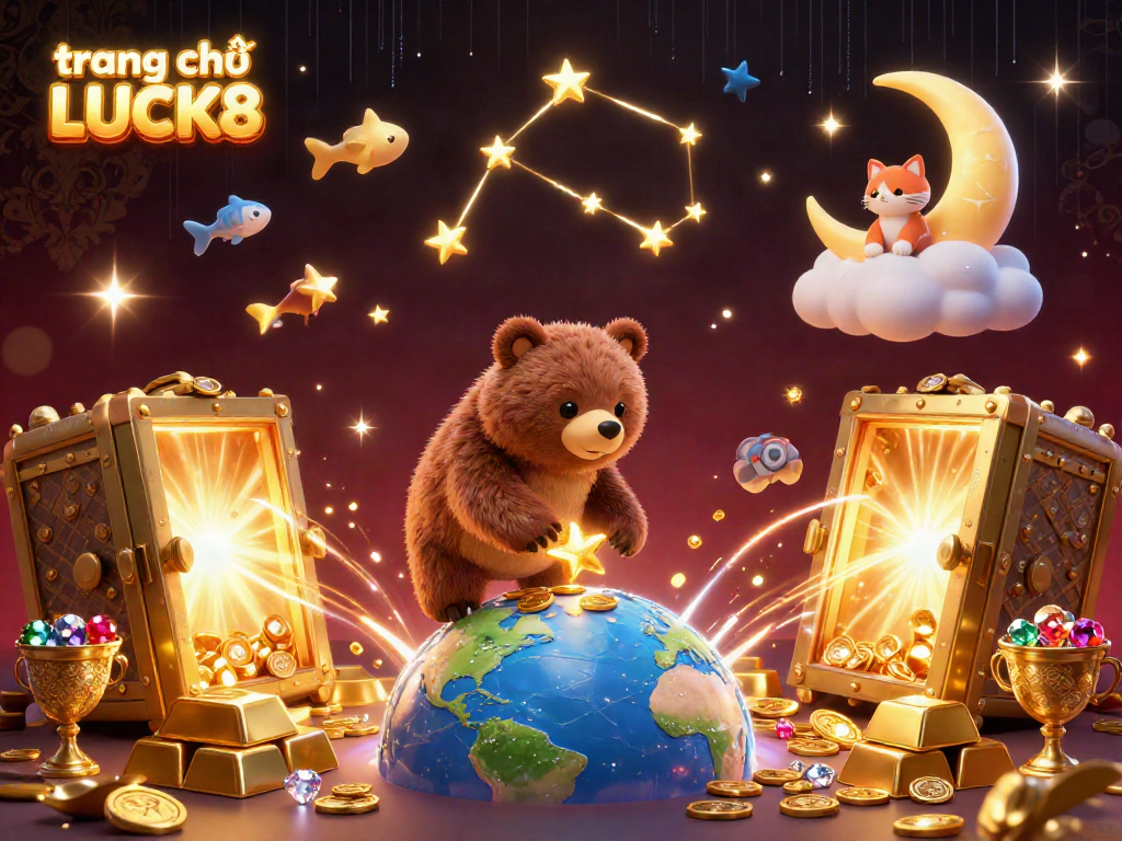 Experience the thrilling world of trang chủ LUCK8 with golden treasures and dynamic characters in a vibrant casino scene.