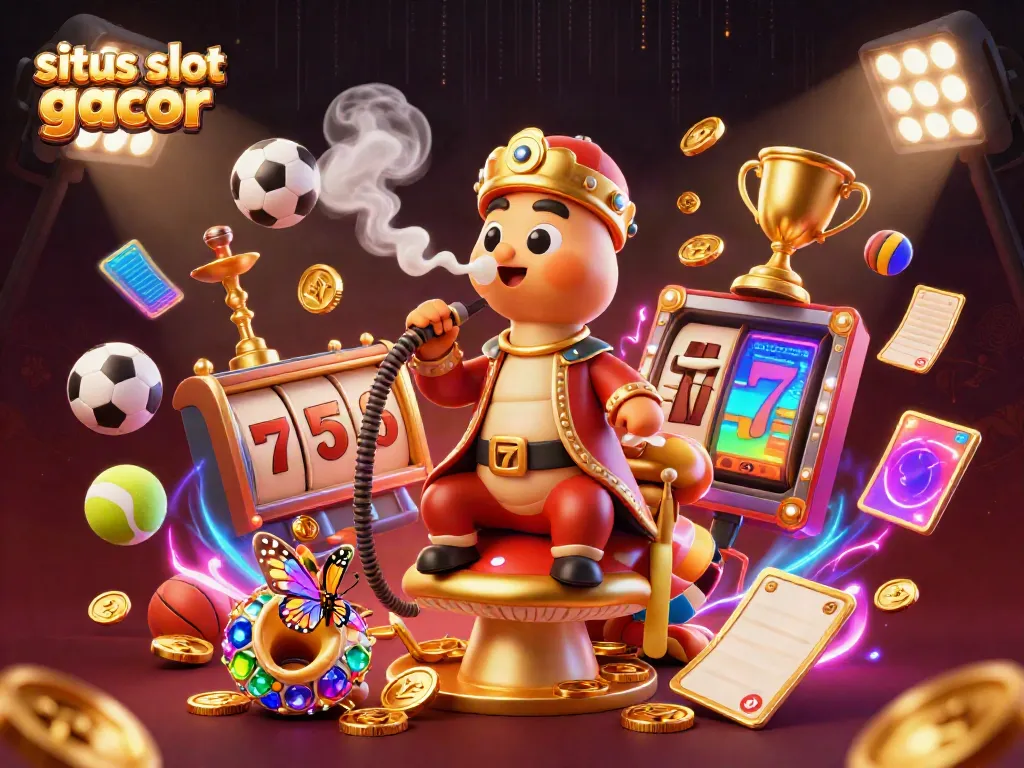 Gambar ilustrasi 3D situs slot gacor menunjukkan karakter unik diiringi elemen perjudian berwarna-warni.