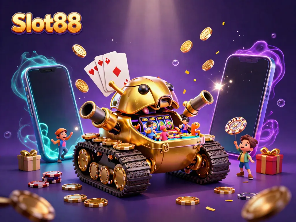 Experience Slot88 with an imaginative 3D golden beetle tank revealing a miniature casino.