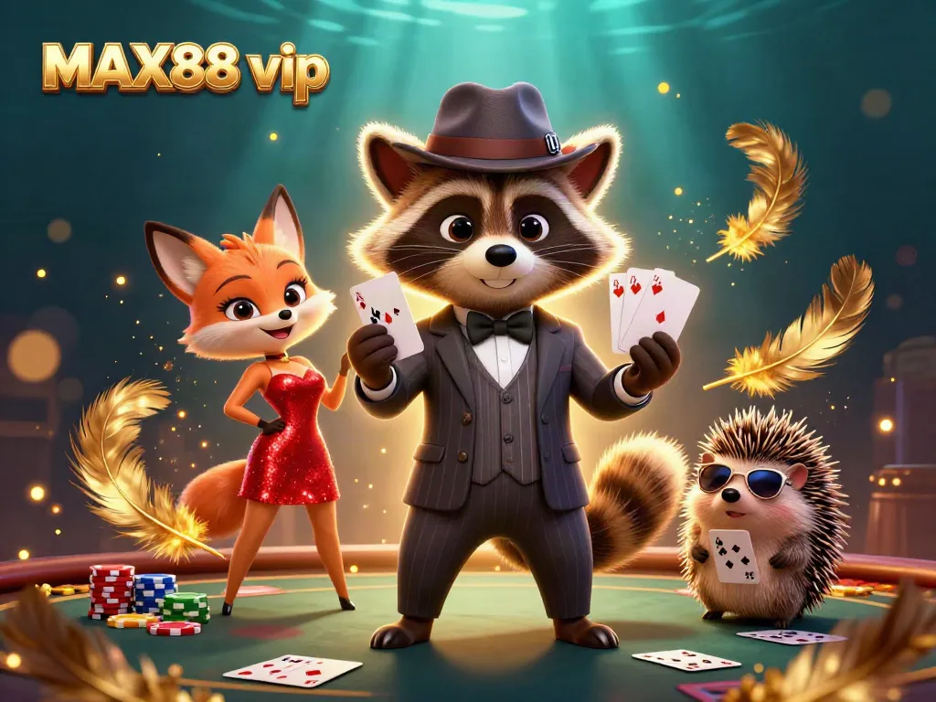 Engage in thrilling poker with MAX88 vip characters at a glamorous casino scene.