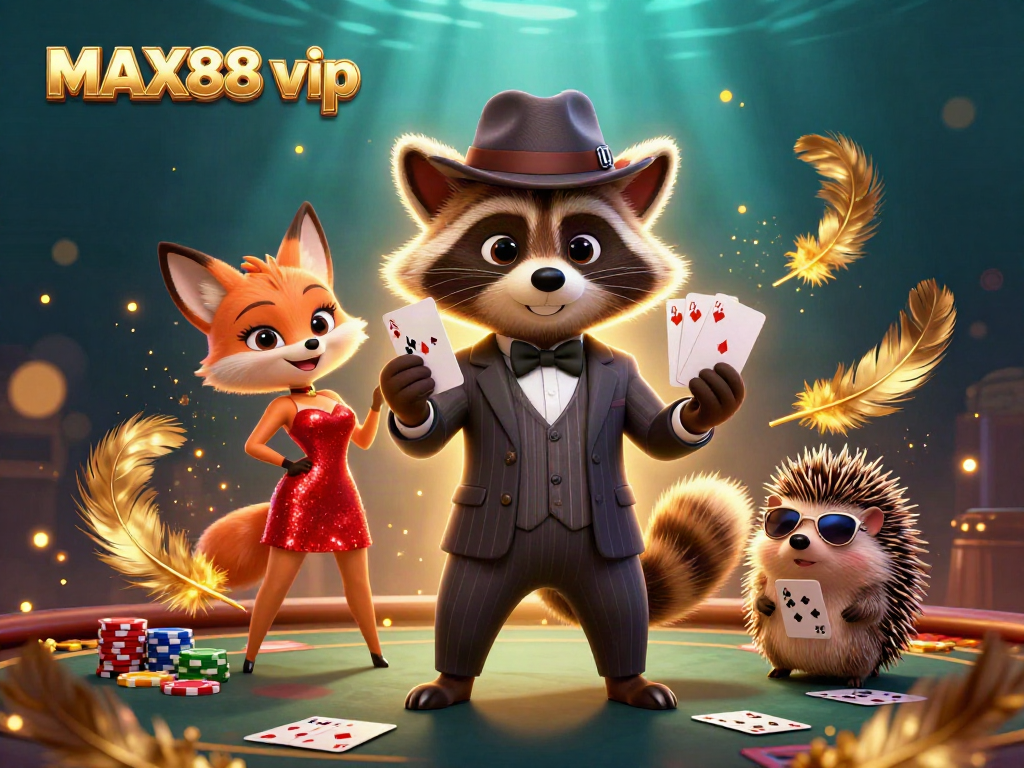 Engage in thrilling poker with MAX88 vip characters at a glamorous casino scene.