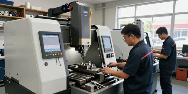 CNC machine shop with skilled technicians operating precision equipment in a bright and organized workspace.