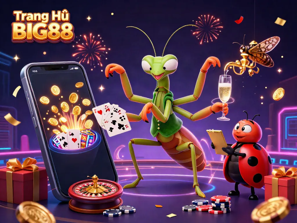 Experience the excitement at Trang Chủ BIG88 with vibrant casino-themed characters and dynamic game elements.