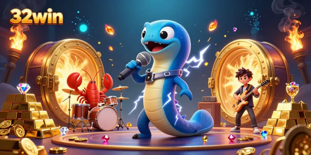 Experience the excitement of 32win with a vibrant underwater casino scene featuring a DJ electric eel.
