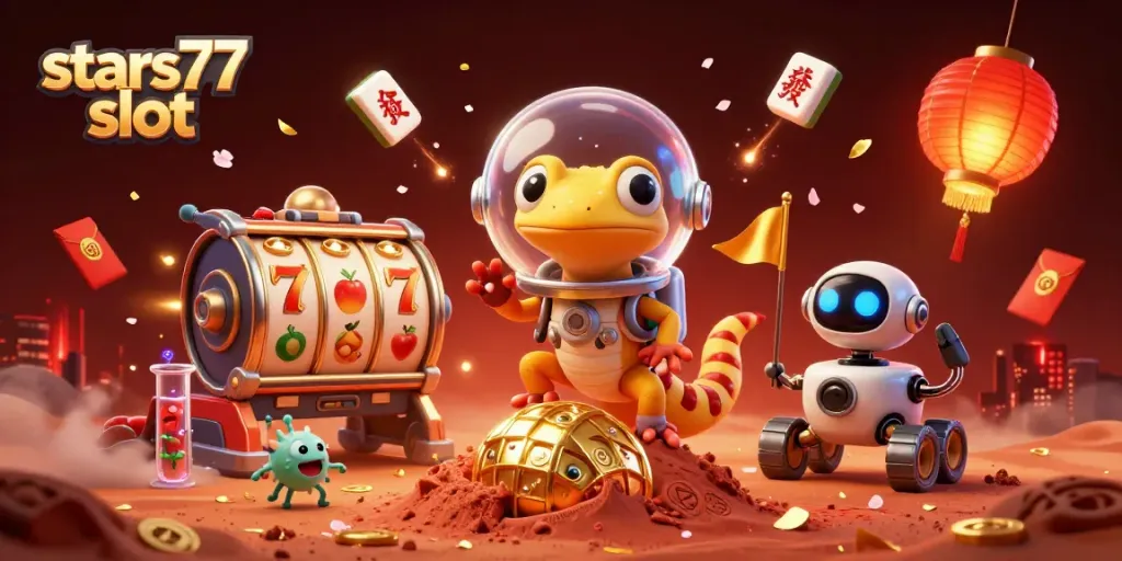 Permainan slot stars77 slot dengan simbol keberuntungan dan slot yang berputar dinamis.