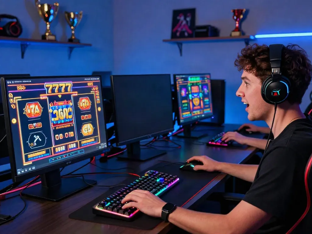 Engaged player enjoying slot777 online games with vibrant graphics and modern setup