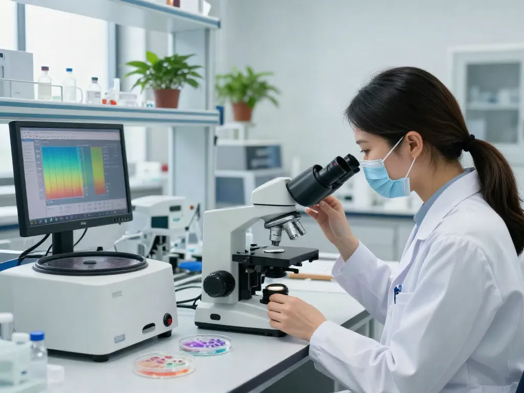 Tesamorelin peptide research in a bright laboratory with a scientist examining samples.