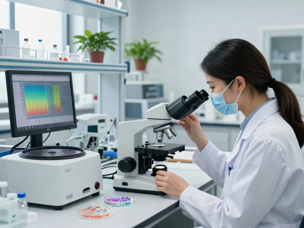 Tesamorelin peptide research in a bright laboratory with a scientist examining samples.