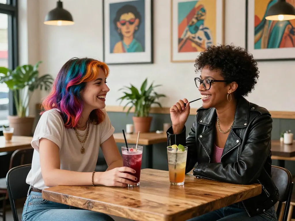 Women enjoying lesbian porn-themed discussion in a cozy café setting.