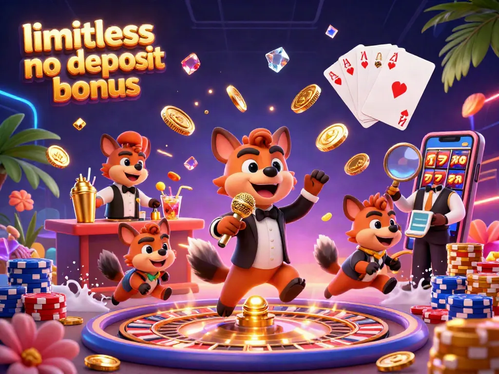 Experience the limitless no deposit bonus with vibrant hyenas at a comedy casino, surrounded by gold coins and slots.