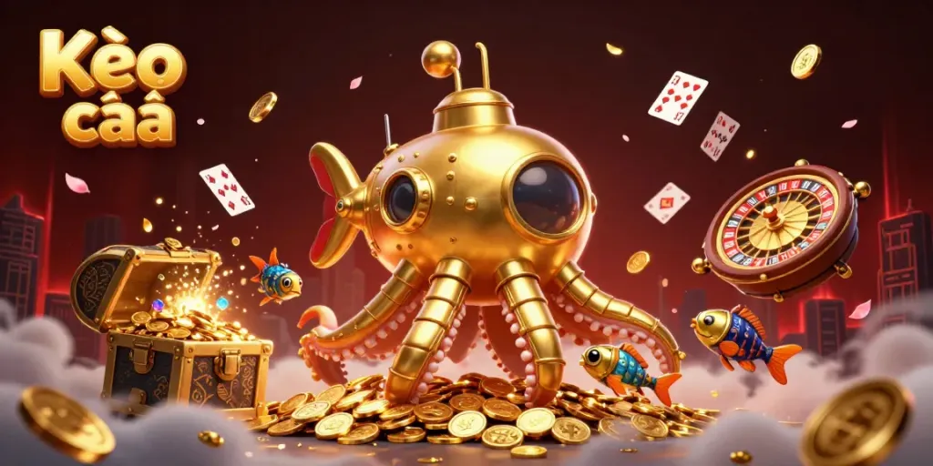 Engaging Kèo nhà cái scene with a golden kraken submarine, treasure chests, and colorful floating cards.