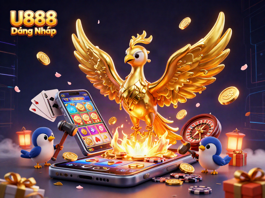 Experience U888 Đăng Nhập with a stunning illustration of a golden phoenix and various casino elements.