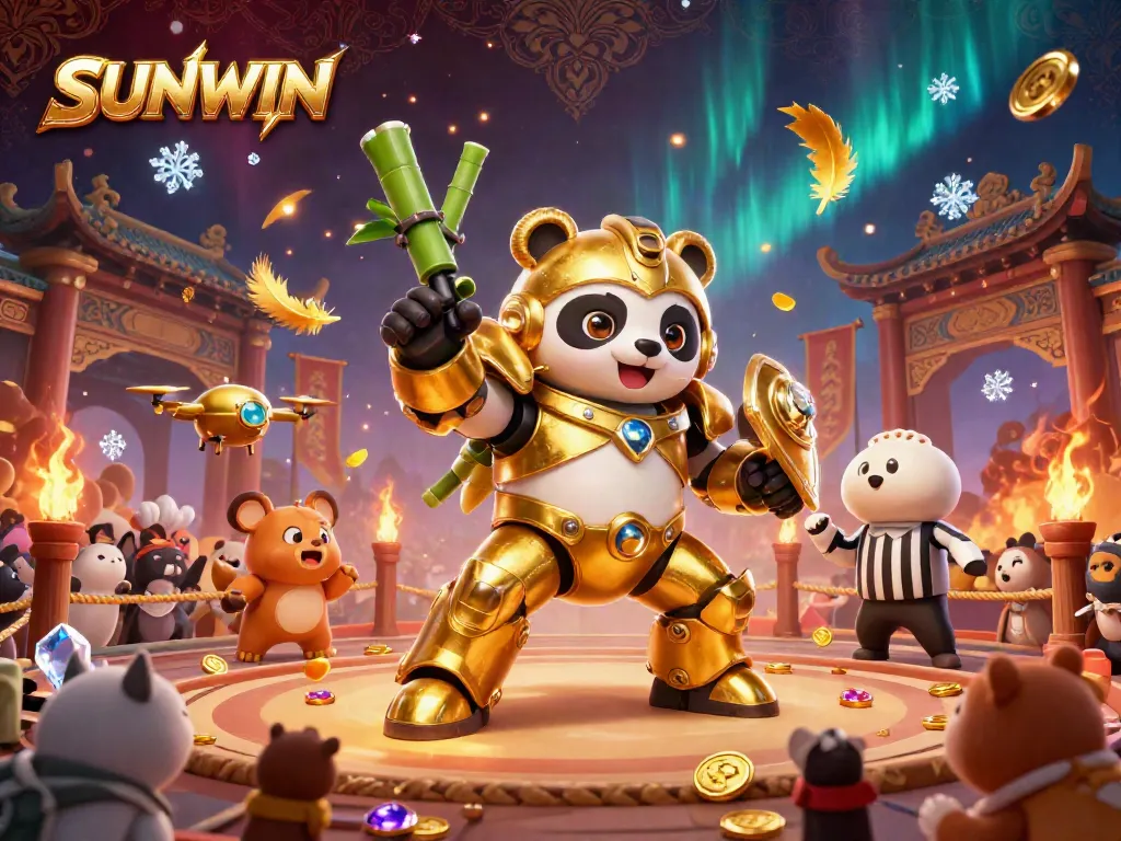 Experience thrilling action at SUNWIN with dynamic 3D characters amidst a vibrant casino arena.